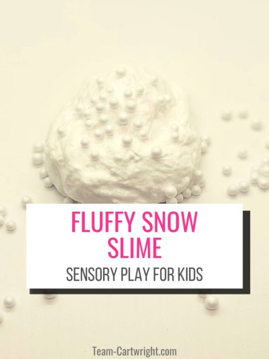 Text: FLuffy Snow Slime Sensory Play for Kids Picture: snow fluffy slime with white foam balls