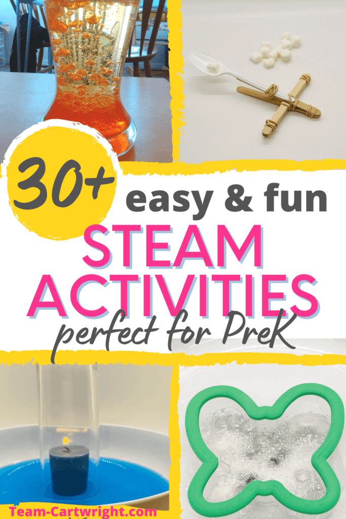 Text: 30+ easy & fun STEAM Activities perfect for preK Picture clockwise from top left: diy lava lamp experiment, popsicle stick catapult, butterfly firework experiment, raising water experiment