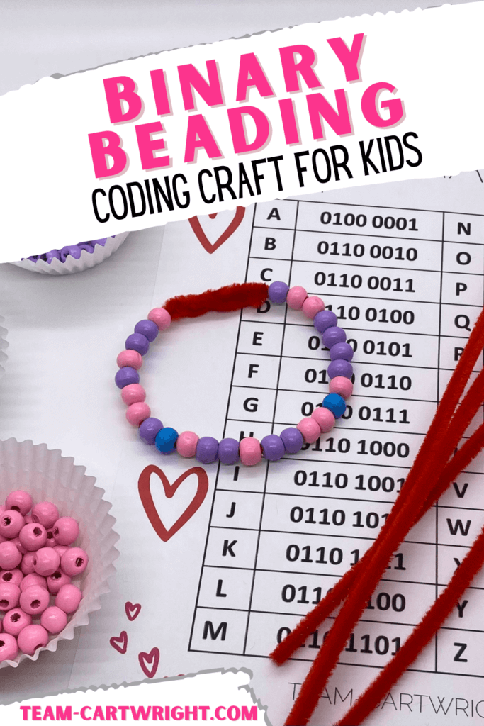 Text: Binary Beading Coding Craft for Kids. Picture: printable binary code alphabet, red pipe cleaners, muffin cups with beads, homemade beaded bracelet